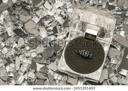 Ring in a jewelry box on background of broken glass for texture and background