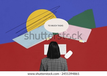 Composite photo collage of girl sit back crossed monitor notes memo postpone to much tasks delay workload isolated on painted background