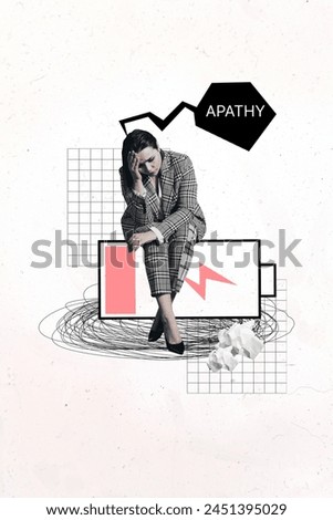 Vertical photo collage of upset businesswoman sit low battery lightening charge apathy fatigue depression isolated on painted background