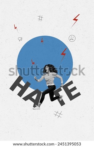 Vertical photo collage of scared girl run hate bullying shame dislike sad emoji lightning victim hurry isolated on painted background