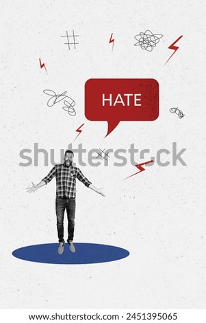 Vertical photo collage of scared guy jump hate bullying shame dislike sad emoji lightning victim isolated on painted background