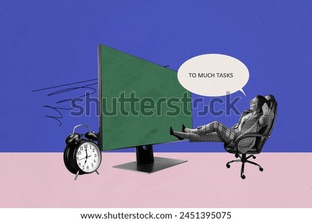 Composite photo collage of lazy businesswoman sit chair crossed legs monitor postpone to much tasks delay isolated on painted background