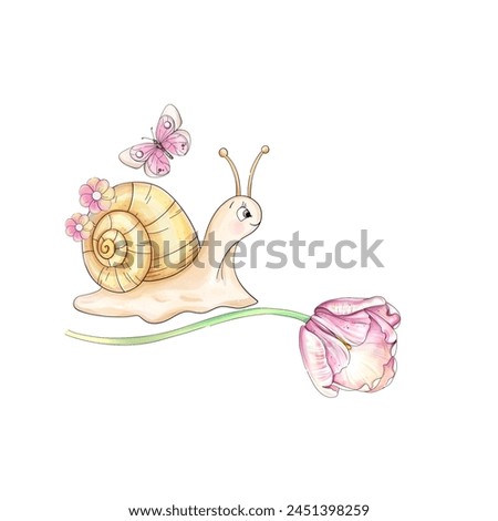 Cute watercolor hand draw snail with tulip. Farming clip art in cartoon, romantic style. Springtime gardening design element for invitation, wedding, printing, textile, greeting card