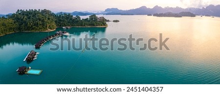 Aerial view of Khao Sok national park at sunrise, in Cheow lan lake, Surat Thani, Thailand Royalty-Free Stock Photo #2451404357