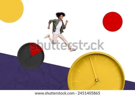3D photo collage composite trend artwork sketch image of young style man jump good morning hurry up ready for work deadline huge clock