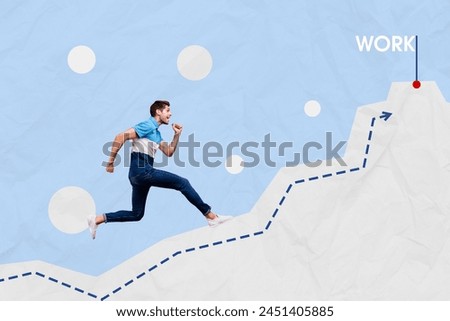 Trend artwork composite sketch image 3D photo collage of young sportive guy run under increase arrow going up get job offer work point