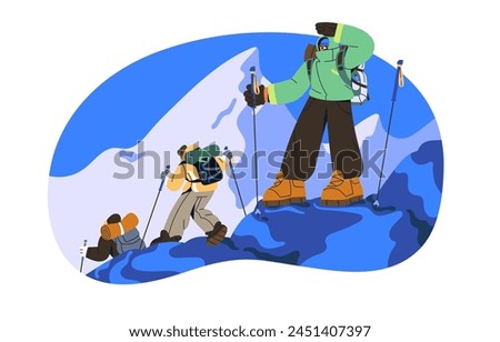 People hiking in snow mountains. Tourists with trekking poles, backpacks, mountaineering gear climbing to glacier. Group of alpinists travel in winter. Flat isolated vector illustration on white