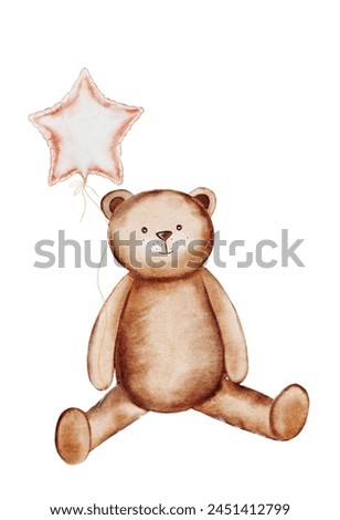 Watercolor illustration card baby shower with Teddy Bear. Cute plush toy with a pink star-shaped balloon. Clip art on white background. Ideal for card, postcard, tags, invitation, printing