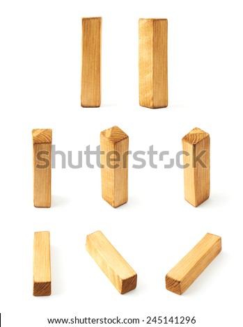Set of eight block wooden capital I letters in different foreshortenings isolated over the white background