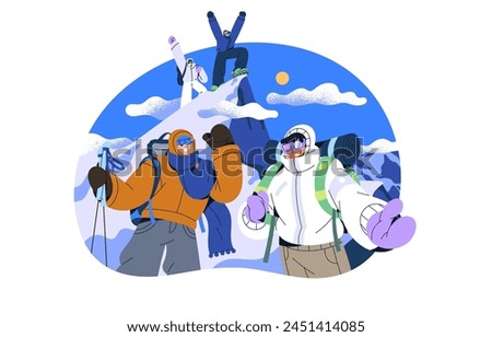 People with backpacks mountaineering, rejoice to success. Group climbing to the top of snow mountain. Happy tourists hiking to glacier in winter. Flat isolated vector illustration on white background