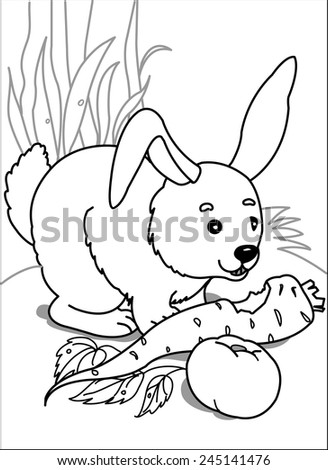 Hare with carrot. hare sits on a lawn and eats carrot and apple, near lie the leaves, around the hare grass. coloring Page