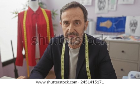 Mature, bearded man with tape measure in a tailor shop with mannequin and fashion designs.