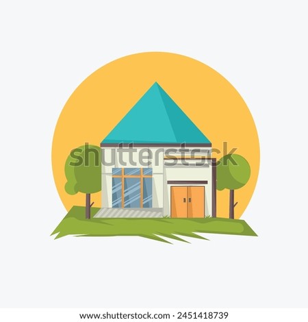 Vector graphic illustration featuring a white house with a blue roof and a tree in front, ideal for web landing pages, banners, flyers, stickers, cards, and backgroundsVector graphic illustration feat