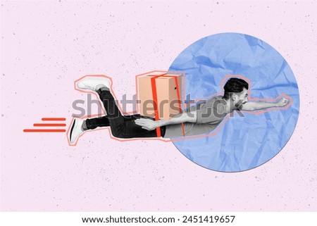 Collage picture of black white colors cheerful courier guy raise fist fly deliver package isolated on creative background