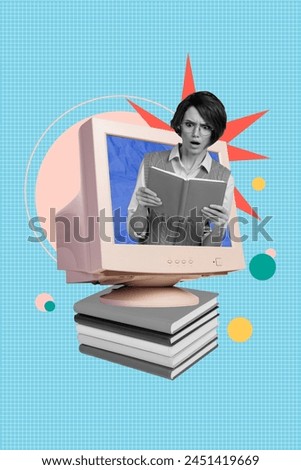 Vertical collage of library visitor young woman reading books inside computer pc monitor staring story genre isolated on blue background