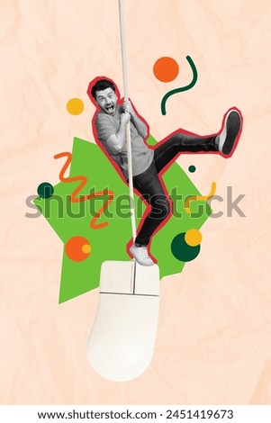 Vertical collage picture of mini black colors impressed guy arms hold hanging wired computer mouse isolated on beige paper background