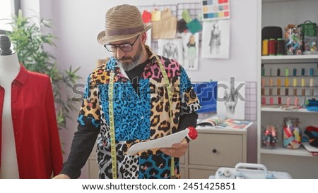 Stylish man wearing colorful jacket examines paperwork in a modern tailor's workshop, surrounded by fashion design sketches and sewing accessories.