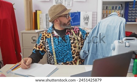Stylish man scrutinizes a shirt in a vibrant tailor shop, surrounded by fabrics, a sewing machine, and design sketches.