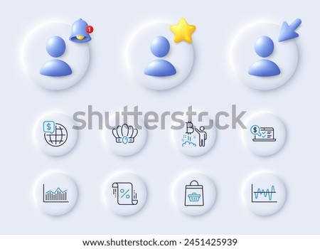 World money, Online accounting and Online buying line icons. Placeholder with 3d cursor, bell, star. Pack of Bitcoin project, Crown, Loan percent icon. Money diagram, Stock analysis pictogram. Vector