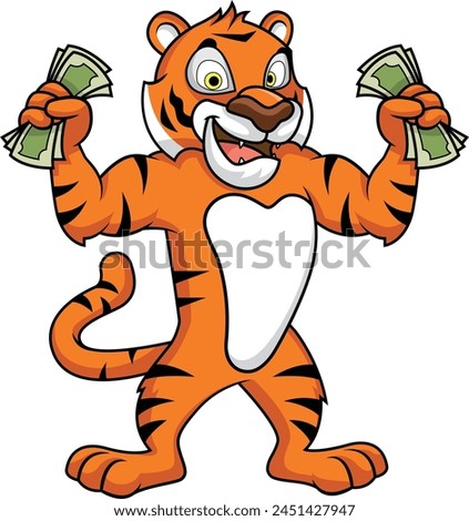 Tiger holding cash with both hands vector illustration