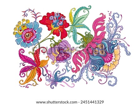 Fantasy, alien hypnotic flowers, decorative flowers and leaves. Cartoon style. Millefleurs trendy floral design. Clip art, set of elements for design Outline hand drawing vector illustration.