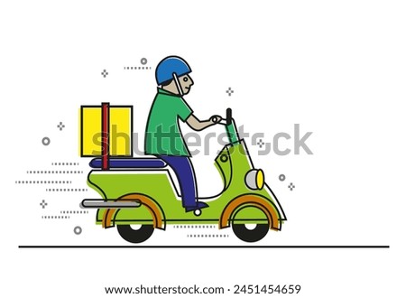 Delivery Man on Motorbike stroke illustration. Editable Clip Art.