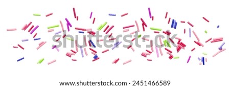 Sweet sugar pastel multicolored sprinkles pile, granules scattered isolated on white background, top view