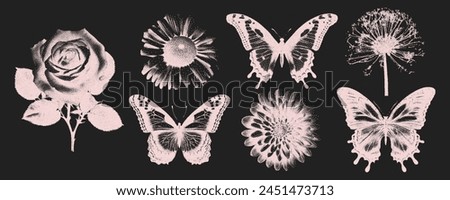 Trendy elements in retro copy style. Flower, rose, butterfly. Photocopy grain effect. Vector illustration.