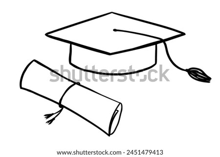 Graduate hat and diploma doodle illustrations. Hand drawn university cap. Line sketch. Academic hat icon