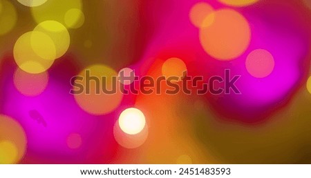 Glowing yellow bokeh light spots over pink and red lights. Abstract, data, technology, energy, digital interface, connection and communication digitally generated image.