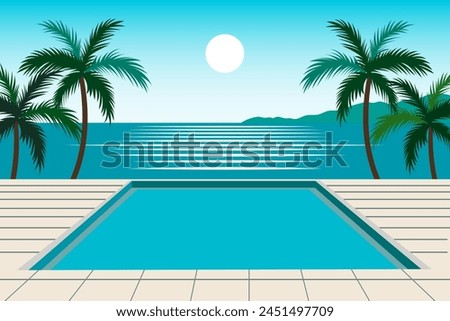 Beach pool. Swimming pool against the backdrop of a paradise beach with tropical palm trees against the backdrop of the ocean, mountains and sun. Sea holiday vector illustration for poster or design.