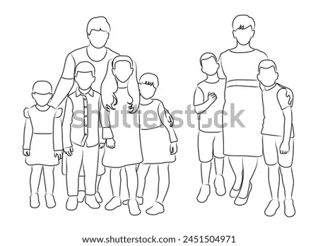 Sketch of silhouettes of mothers and children, boys and girls, isolated vector