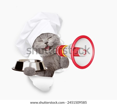 Happy cat wearing chefs hat looking through the hole in white paper meowing into the megaphone and shows empty bowl