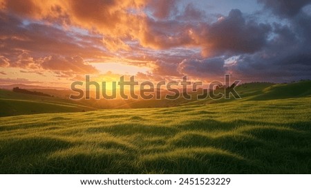 Beautiful sunset sky over green misty landscape hills