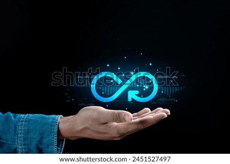 Hand holding Infinity symbol with technology marketing online icon for Circular economy and infinite. Strategy of investment, Banking and financial.