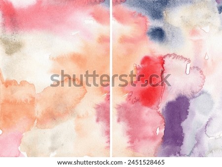 Watercolor abstract textures of orange, pink, violet, blue, red and white spots. Hand painted pastel illustration isolated on white background. For design, print, fabric or background.