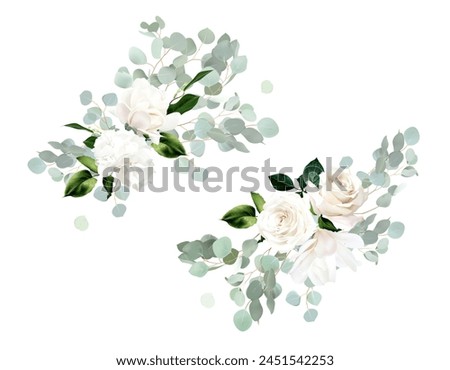 White hydrangea, ivory magnolia, beige rose flowers, mint green eucalyptus, fern, salal, greenery vector design wedding spring bouquets. Floral summer watercolor. Elements are isolated and editable