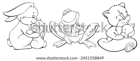 bunnies, frogs, foxes, A set of vector line illustrations, forest animals mom and baby, in cartoon style, for coloring,