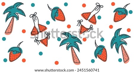 Summer seamless doodle pattern with palm tree, bikini, dots, strawberry. Vector hand drawn illustration in black, blue, red colors. Isolated on white background	
