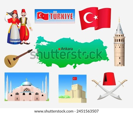 Symbols of Türkiye. Outline of the country, architecture and national clothing. Set of clip arts vector illustration