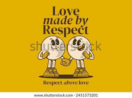 Love made by respect. Vintage mascot character of two ball head, in hand in hand pose