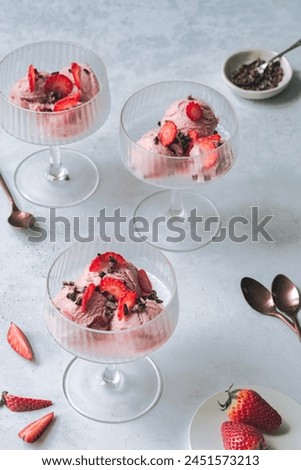 strawberry ice cream dessert in glasses, gelato, ready to eat