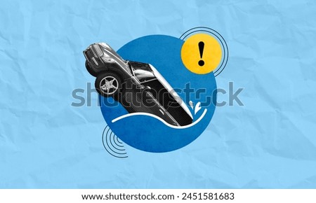 Car sinking into the water, flood caused by heavy rain. Dangerous to drive, exclamation mark signage, signal. Contemporary abstract art collage with custom texture.