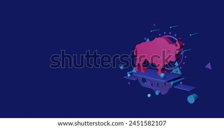 Pink buffalo symbol on a pedestal of abstract geometric shapes floating in the air. Abstract concept art with flying shapes on the right. 3d illustration on indigo background
