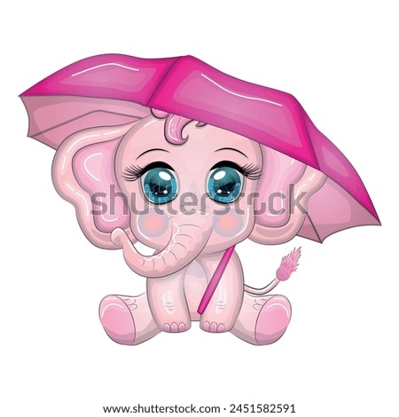 Cute cartoon elephant, childish character with beautiful eyes with umbrella, autumn.