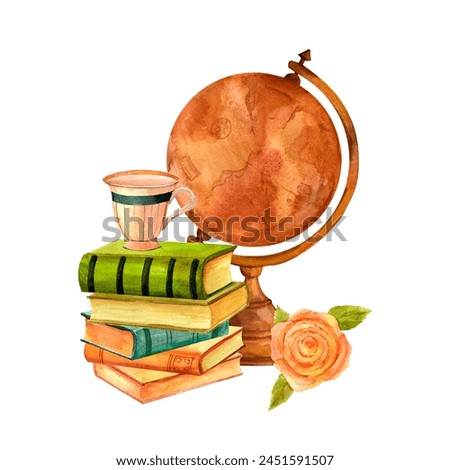Antique shop, composition with a globe and books. Watercolor vintage illustration in warm tones isolated on a white background for scrapbooking, stickers, advertising, diy, retro flyers and postcards