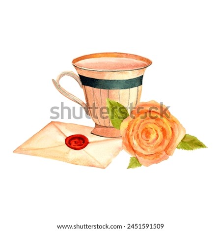 Books, rose and teacup composition. Vintage reading clip art. Hand drawn watercolor retro library image for stickers, retro flyers and postcards. scrapbooking