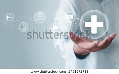 Health insurance and medical welfare concept. Hand with plus sign and medical icons, health and access to healthcare Get people interested in health care