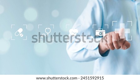 Health insurance and medical welfare concept. Hand with plus sign and medical icons, health and access to healthcare Get people interested in health care
