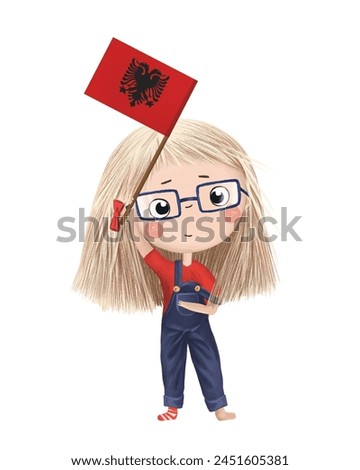 Funny cute girl with flag of Albania. Bright clip art isolated